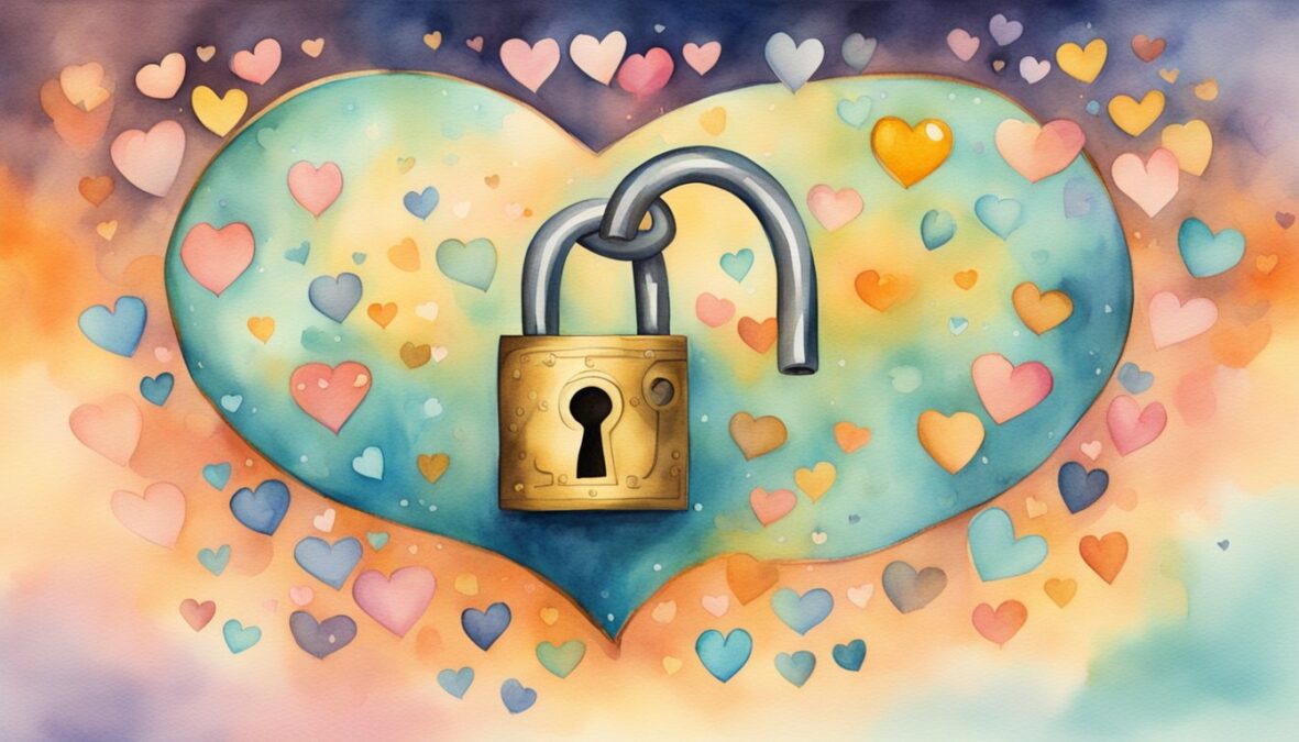 A heart-shaped lock with the numbers 5533 engraved on it, surrounded by floating hearts and glowing with a warm, loving energy