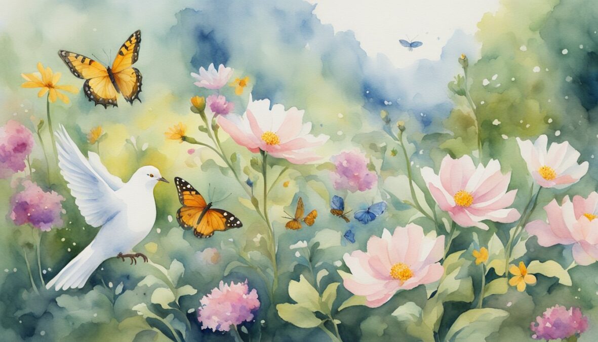 A serene garden with five blooming flowers and eight butterflies fluttering around, while a lone white dove perches nearby