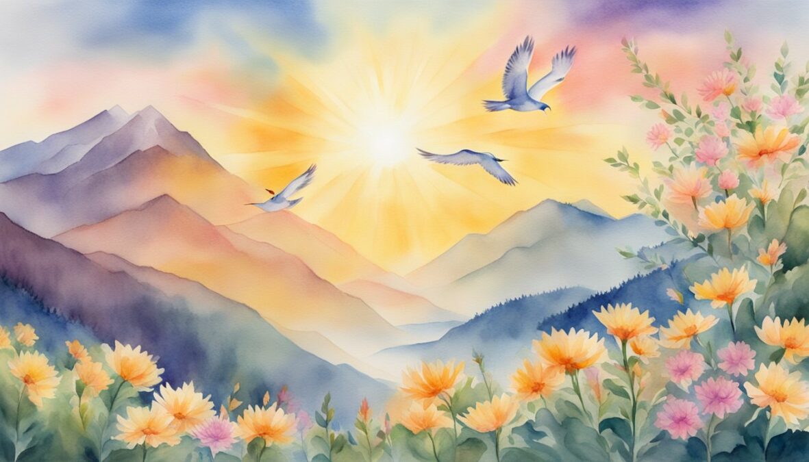 A bright sun rising over six mountains, with 12 rays of light beaming down, surrounded by blooming flowers and flying birds