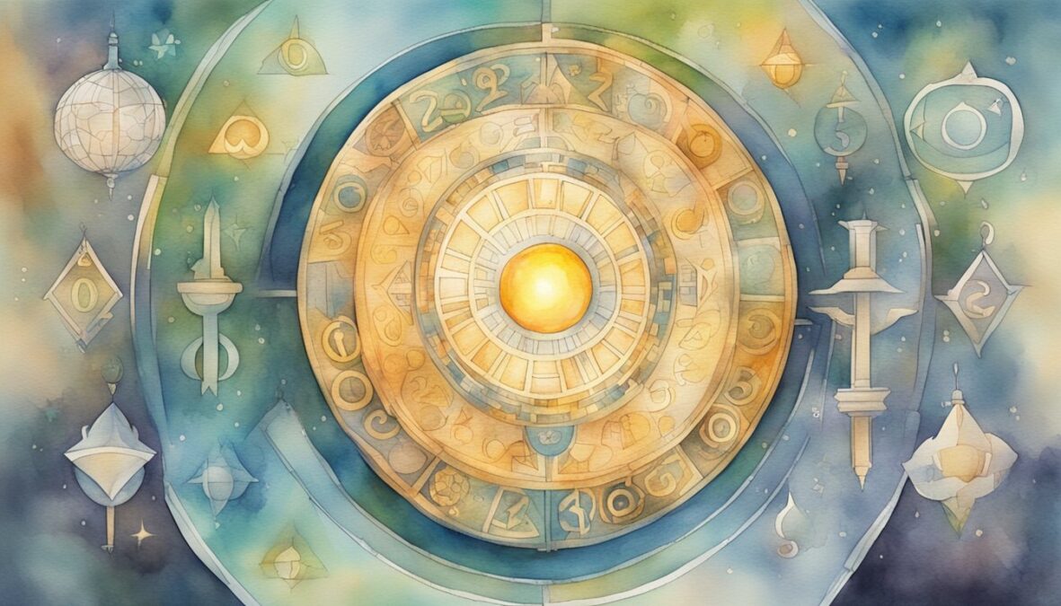 A glowing orb surrounded by symbols and numbers, emanating a sense of wisdom and guidance