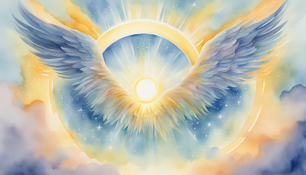 A bright, glowing halo of light surrounds the number 613, with celestial wings extending from either side, symbolizing divine guidance and protection