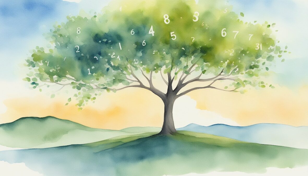 A serene landscape with a clear sky, a gentle breeze, and a single tree with leaves in the shape of the numbers 613