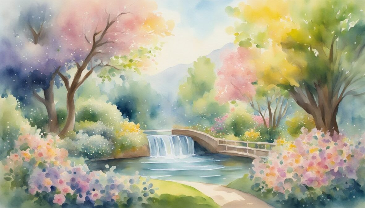 A garden overflows with blooming flowers, fruit-laden trees, and flowing water, while a radiant 618 618 angel number hovers in the sky