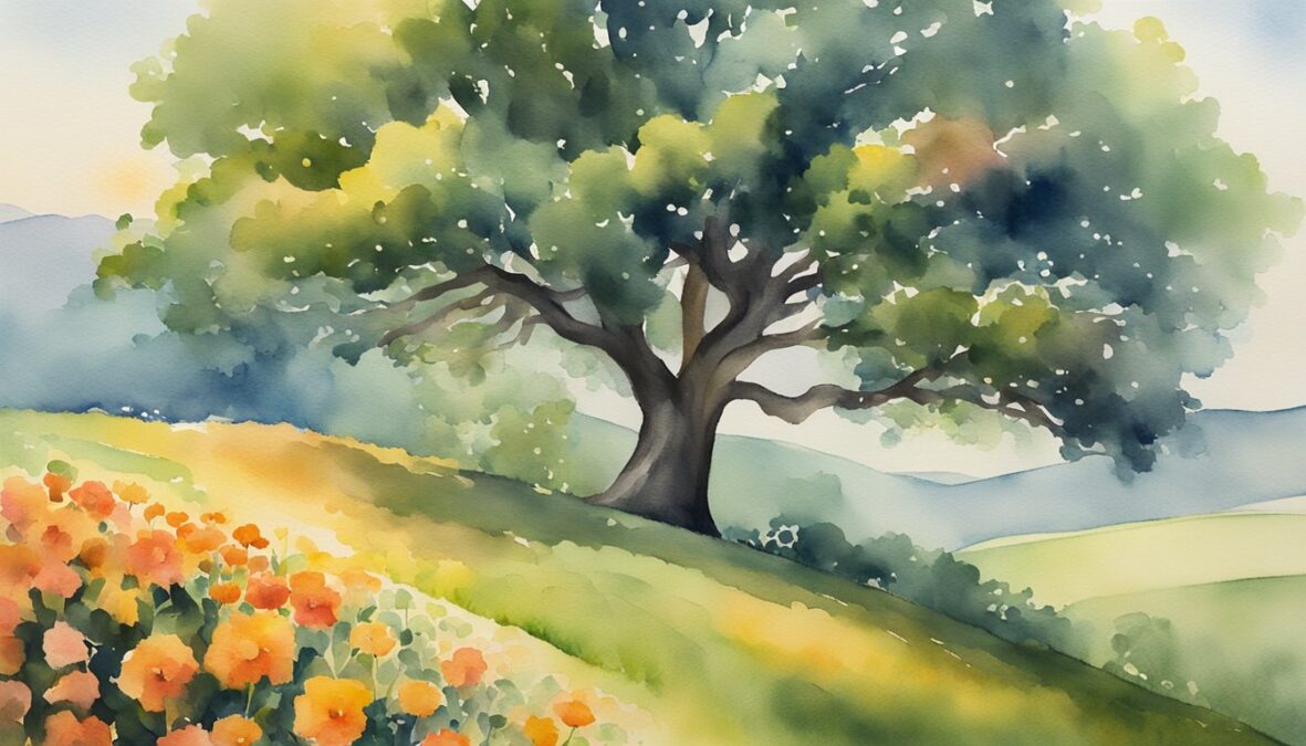 A lone tree stands tall on a hill, surrounded by vibrant flowers and lush greenery.</p></noscript><p>The sun shines brightly, casting a warm glow over the scene, symbolizing personal empowerment and growth