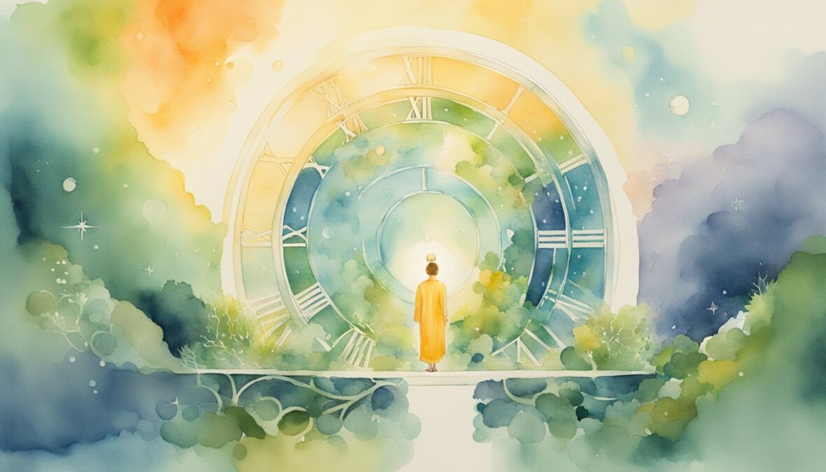 A glowing halo hovers over a clock showing 6:18.</p></noscript><p>A person meditates with a serene expression, surrounded by symbols of growth and abundance