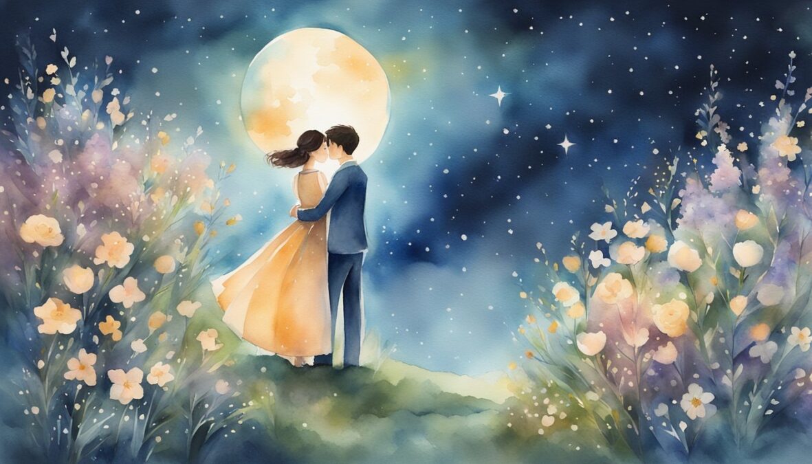A couple embraces under a starry sky, surrounded by blooming flowers and a gentle breeze, while the number 6699 glows in the background