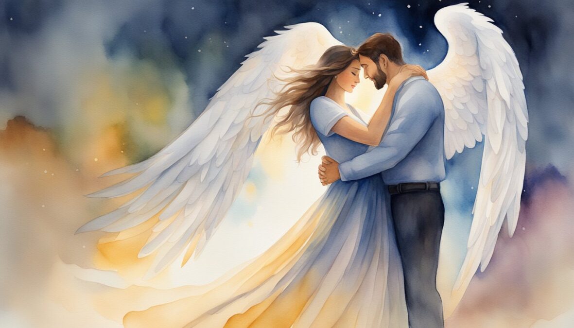 A couple embraces under a glowing 7227 angel number, symbolizing the impact of divine love on their relationship