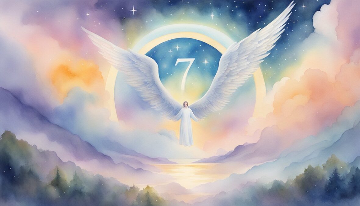 A glowing 74 angel number hovers above a serene landscape, surrounded by celestial beings and a sense of peace and guidance
