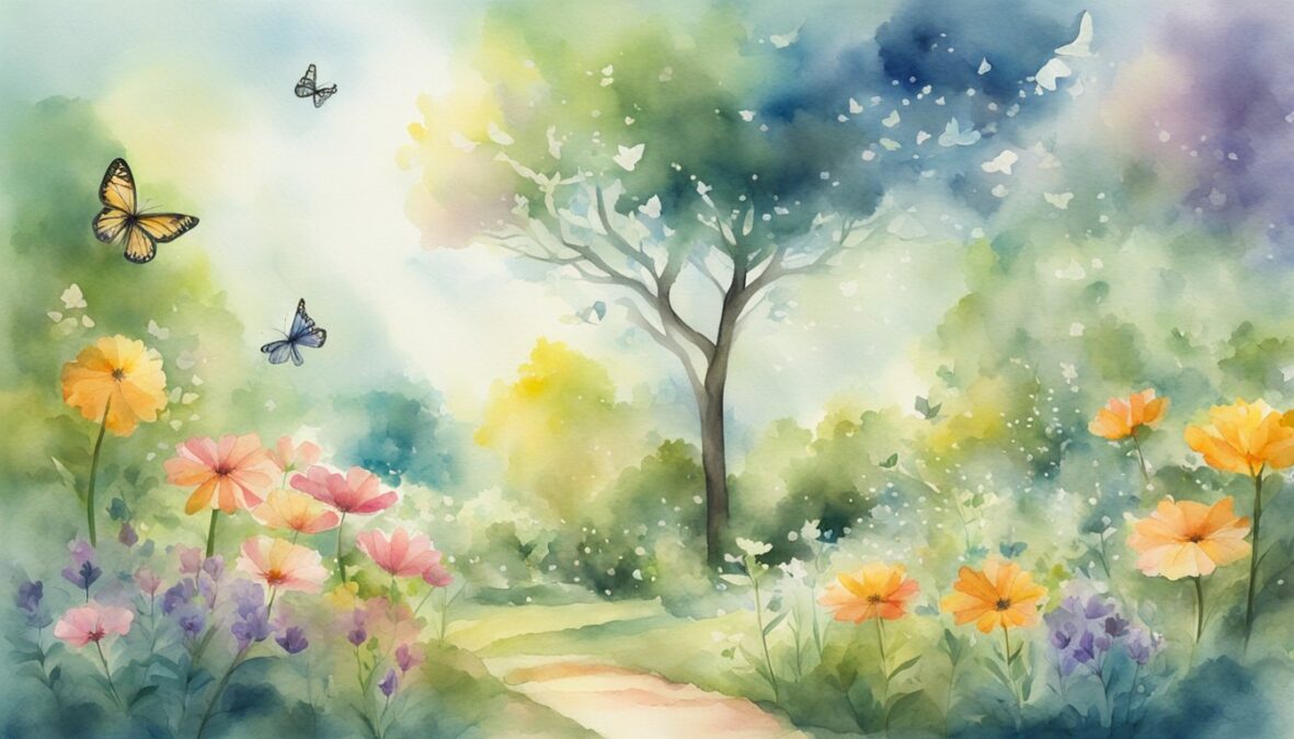 A garden with blooming flowers and a tree reaching towards the sky, surrounded by rays of light and butterflies