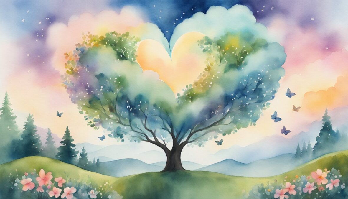 A heart-shaped cloud hovers over two intertwined trees, surrounded by blooming flowers and fluttering butterflies.</p></noscript><p>The number 7711 glows in the sky