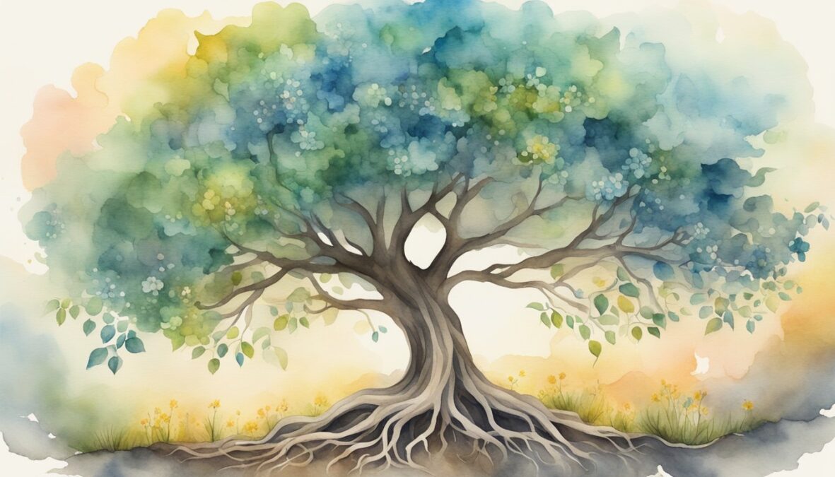 A flourishing tree with roots deep in the ground, surrounded by blooming flowers and reaching towards the sky, symbolizing personal growth and potential
