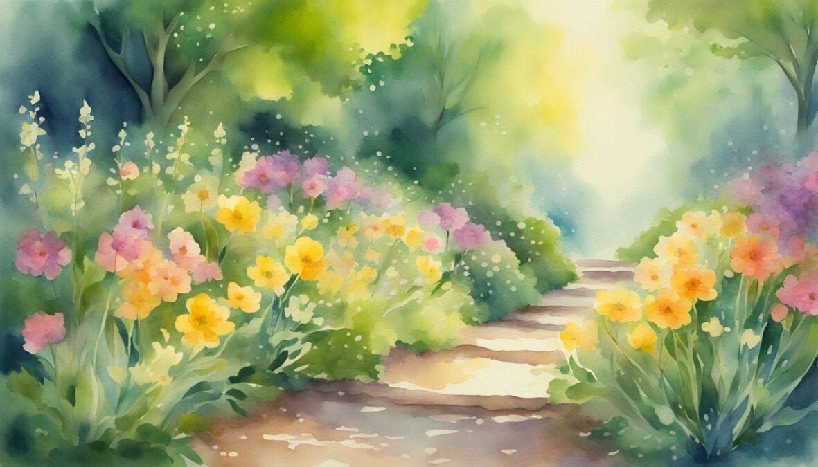 A radiant beam of light shines down, illuminating a path of blooming flowers and lush greenery, symbolizing personal growth and spiritual manifestation