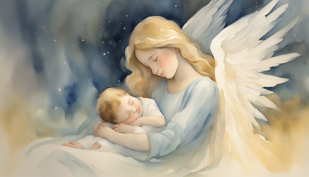 A glowing figure hovers protectively over a sleeping child, surrounded by a soft, warm light.</p></noscript><p>The child is safe and peaceful, watched over by their guardian angel