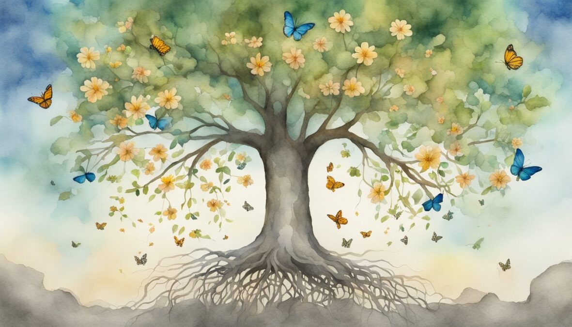 A tree with roots breaking through concrete, reaching towards the sky, surrounded by blooming flowers and butterflies