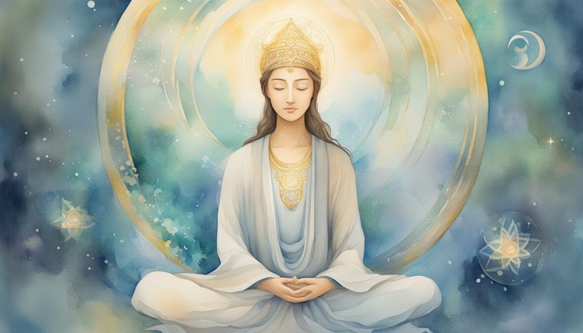 A serene figure meditates under a glowing halo, surrounded by ethereal symbols and a sense of inner peace