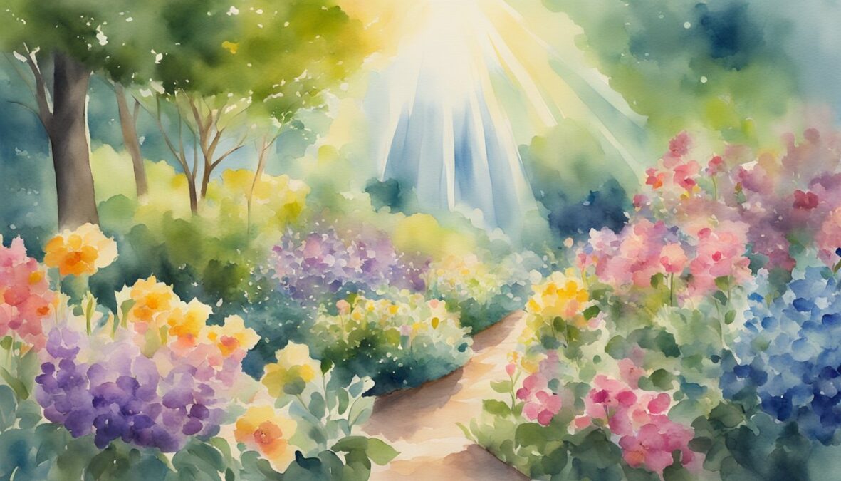 A radiant beam of light shines down onto a lush garden, where vibrant flowers and plants are blooming and reaching towards the sky, symbolizing the manifestation and growth represented by the 926 angel number