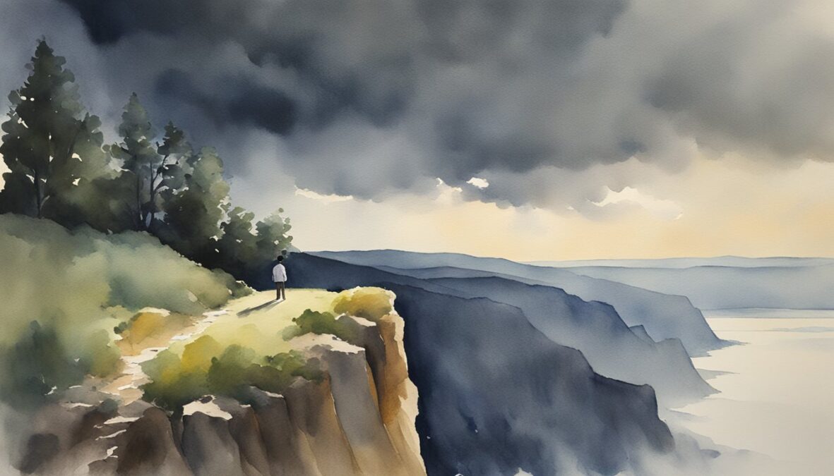 A figure stands at the edge of a cliff, looking out at a daunting landscape.</p></noscript><p>Dark clouds loom overhead, but a beam of light breaks through, illuminating the path ahead
