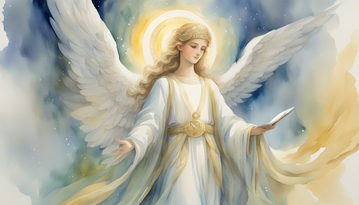 A bright, glowing angelic figure surrounded by a halo, holding a scroll with the number 956 inscribed on it