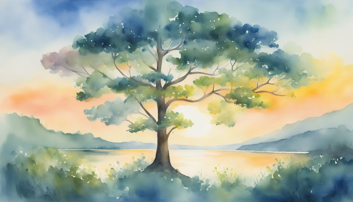 A glowing 1004 hovers above a serene landscape, radiating energy and harmony.</p></noscript><p>Surrounding elements echo the number's significance, such as four prominent trees and a clear, calm body of water