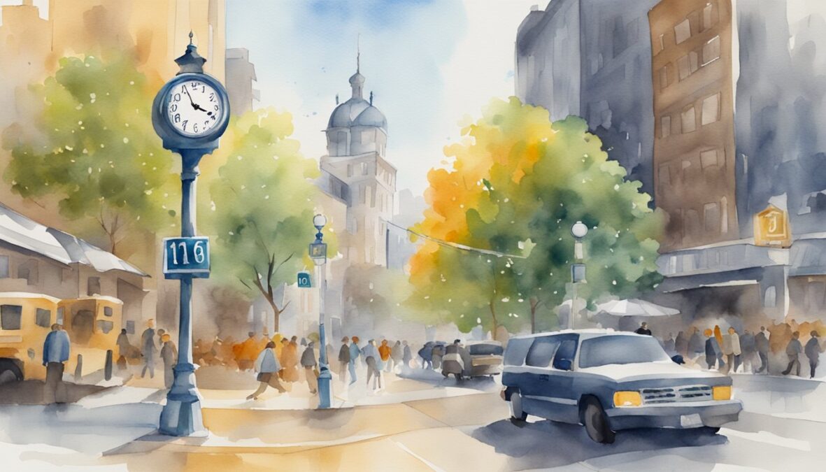 A clock shows 10:16, a calendar displays October 16, and a street sign reads 1016 in a bustling city
