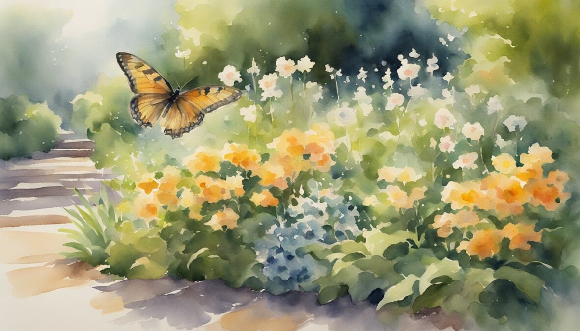 A serene garden with blooming flowers, a butterfly resting on a leaf, and a beam of sunlight breaking through the clouds, casting a warm glow on the scene