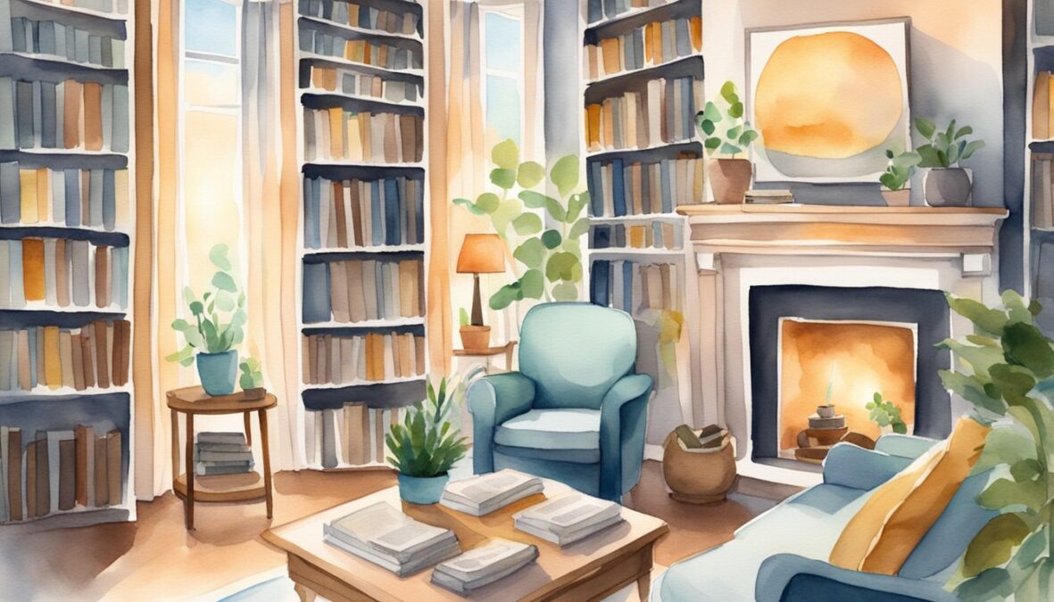 A cozy living room with a bookshelf filled with self-help and personal development books.</p></noscript><p>A bright light illuminates the room, creating a warm and inviting atmosphere