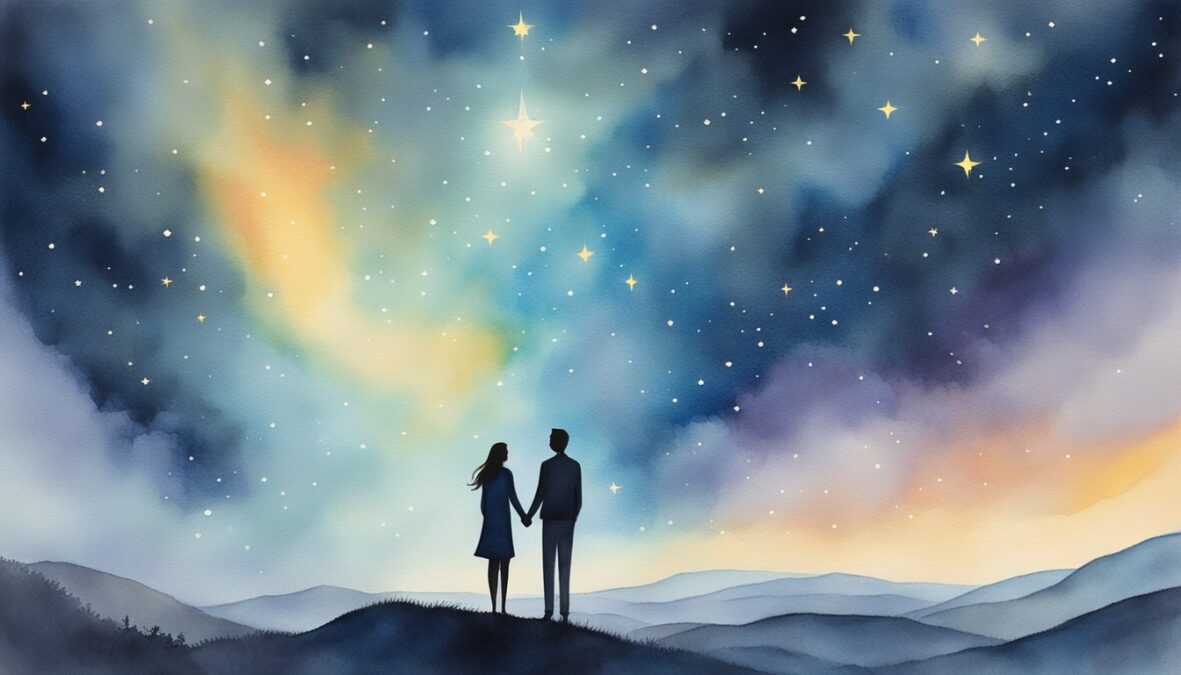 A couple stands beneath a starry sky, surrounded by the glow of angelic figures.</p><p>The number 1028 shimmers in the air, radiating love and harmony