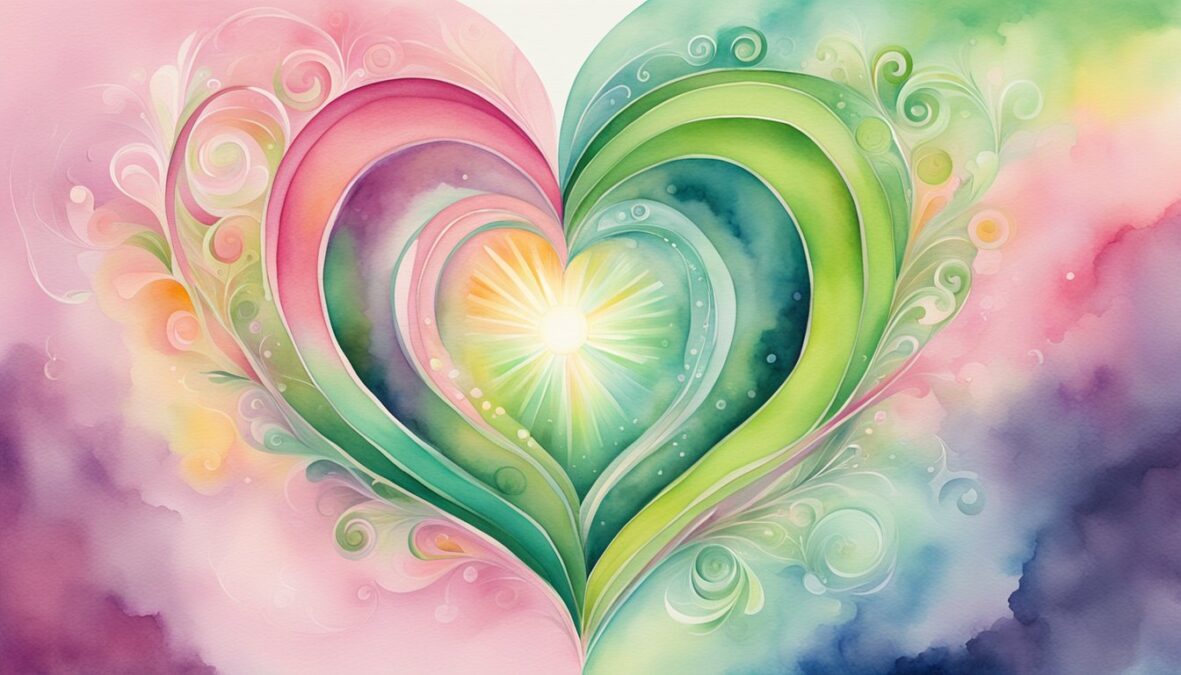 A radiant heart surrounded by swirling pink and green energy, with the number 105 glowing above it