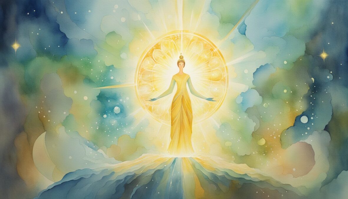 A radiant figure stands at the center, surrounded by glowing symbols of growth and enlightenment.</p><p>Rays of light emanate from the figure, illuminating the surrounding space with a sense of divine presence