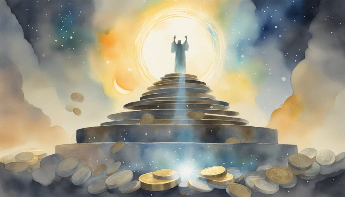 A glowing halo hovers above a stack of coins, with a celestial figure reaching down to touch them, surrounded by beams of light
