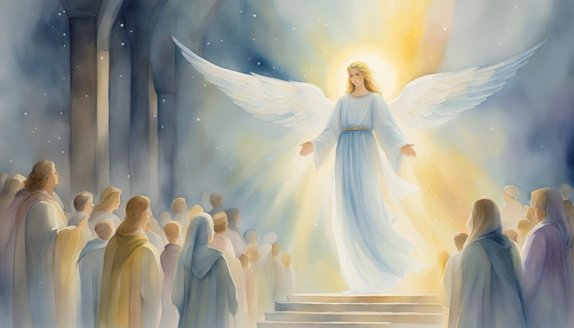A glowing angelic figure hovers above a crowd, surrounded by beams of light and a sense of peace and serenity
