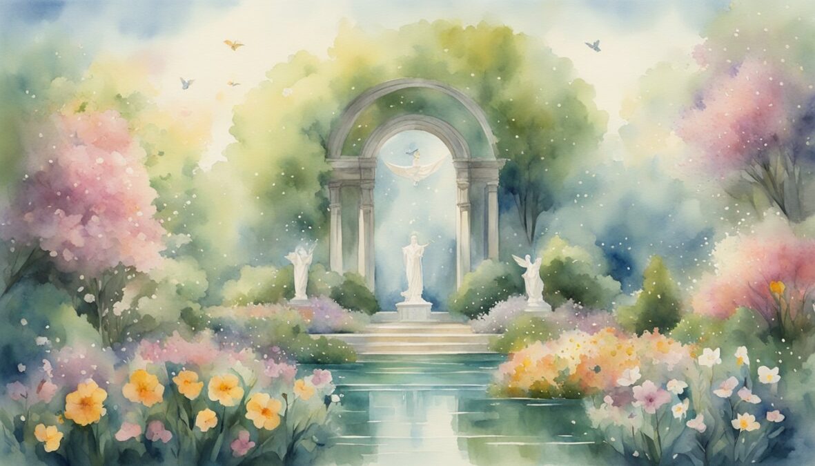 A serene garden with two tall angelic figures surrounded by blooming flowers, while the numbers 1102 float in the air above them