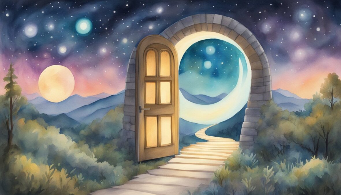 A winding path leads to a glowing door with the numbers 1137, surrounded by celestial symbols and guiding lights