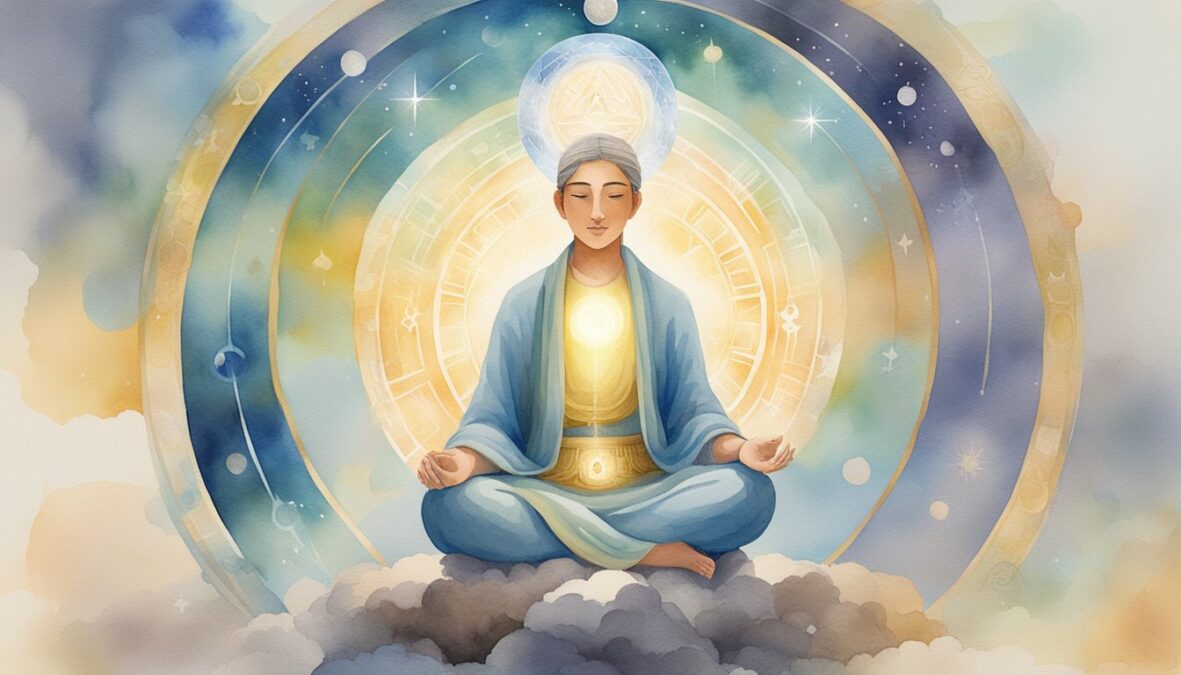 A serene figure meditates under a glowing halo, surrounded by symbols of enlightenment and spiritual guidance