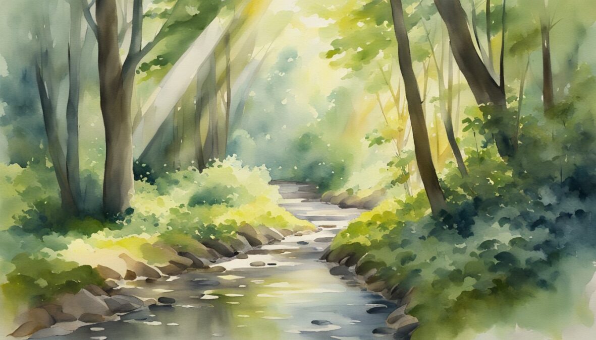 A winding path leads through a lush forest, with rays of sunlight breaking through the trees.</p></noscript><p>A stream flows gently alongside the path, reflecting the peaceful surroundings