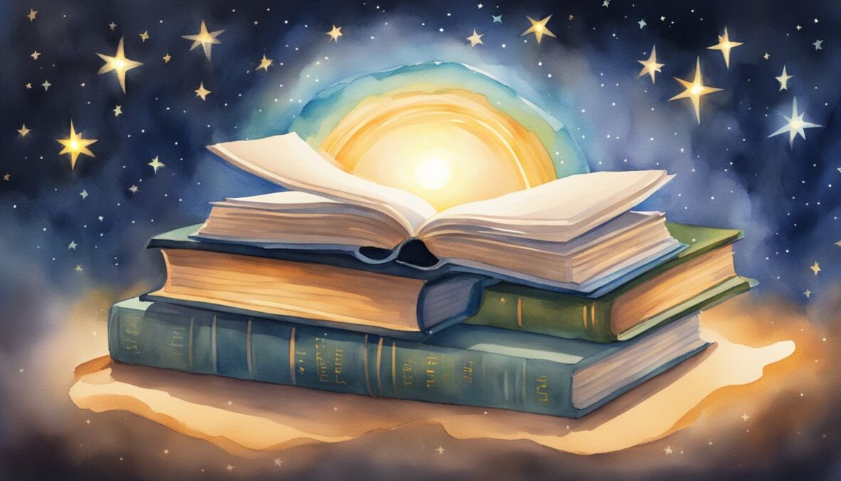 A glowing halo hovers above a stack of books, casting a warm light on the pages.</p></noscript><p>The number 1147 is illuminated in the center, surrounded by twinkling stars