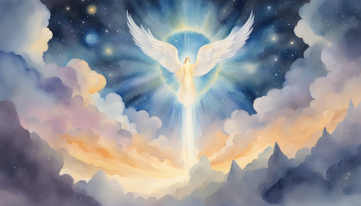 A glowing 1147 appears in the sky, surrounded by celestial beings.</p></noscript><p>An angelic figure points towards it with a sense of wonder