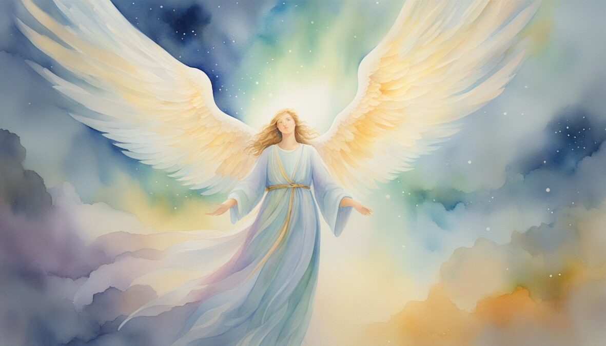 A glowing angelic figure hovers above the number 1201, surrounded by celestial light and a sense of peace and guidance