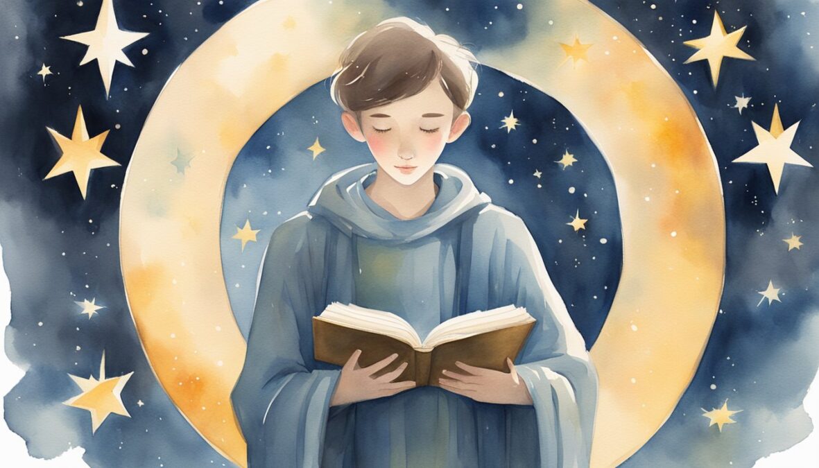 A figure stands beneath a glowing halo, surrounded by 12 stars and holding a book with the number 1226