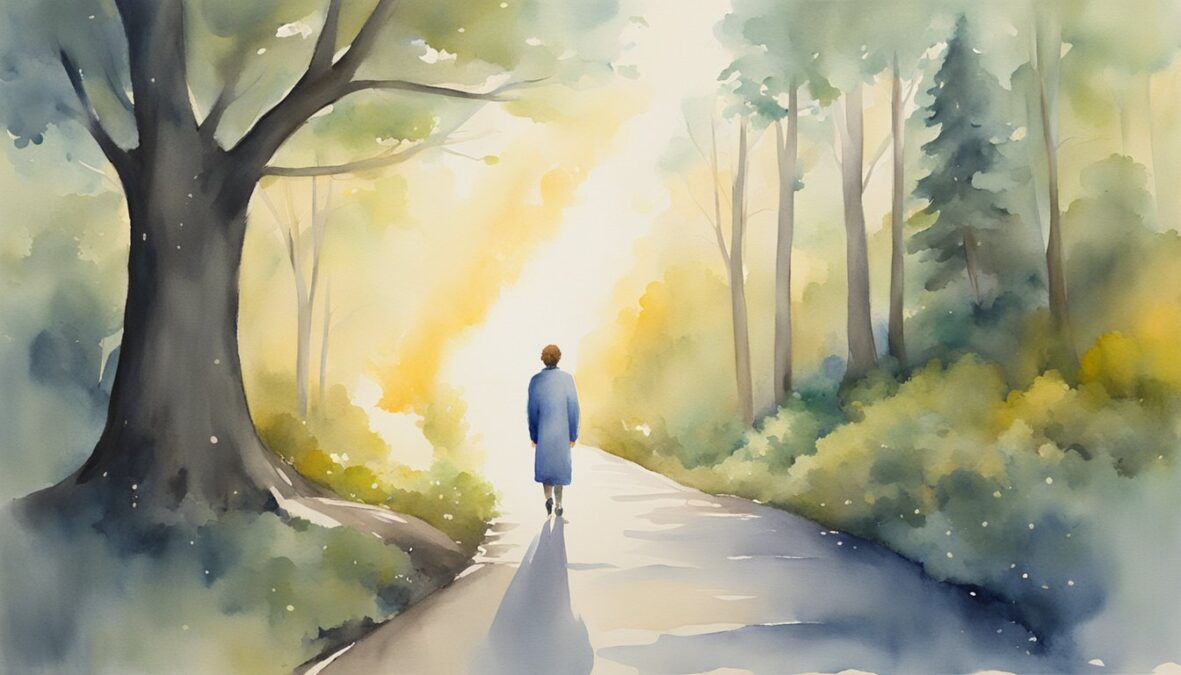 A figure stands at a crossroads, with a glowing 1236 angel number overhead.</p><p>The path forks into two directions, symbolizing life transitions.</p><p>The figure looks contemplative, unsure which way to go