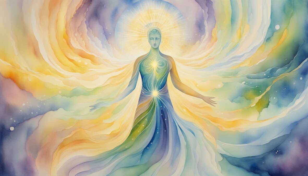 A bright, glowing figure stands at the center, surrounded by swirling energy and light, emanating a sense of power and divine connection