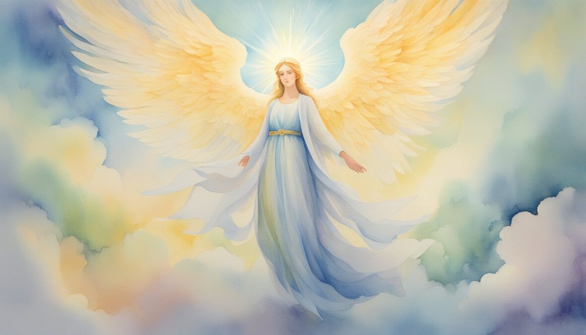 A radiant angelic figure hovers above the number 142, surrounded by a soft glow, exuding a sense of wisdom and guidance