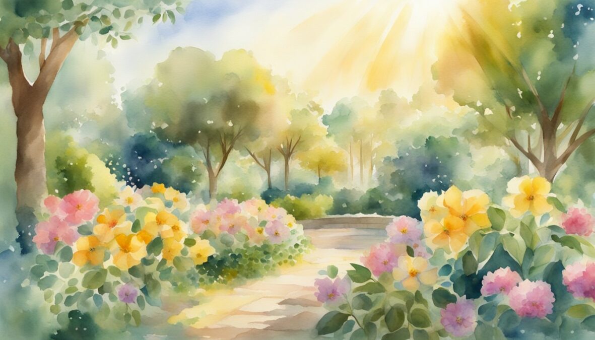 A lush garden with blooming flowers and ripe fruits, surrounded by rays of golden sunlight and a gentle breeze