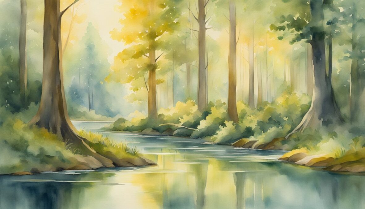 A serene forest glade with a tranquil pond, surrounded by ancient trees and bathed in soft, golden light.</p><p>The surface of the water reflects the image of a glowing 157 angel number, evoking a sense of inner wisdom and spiritual insight