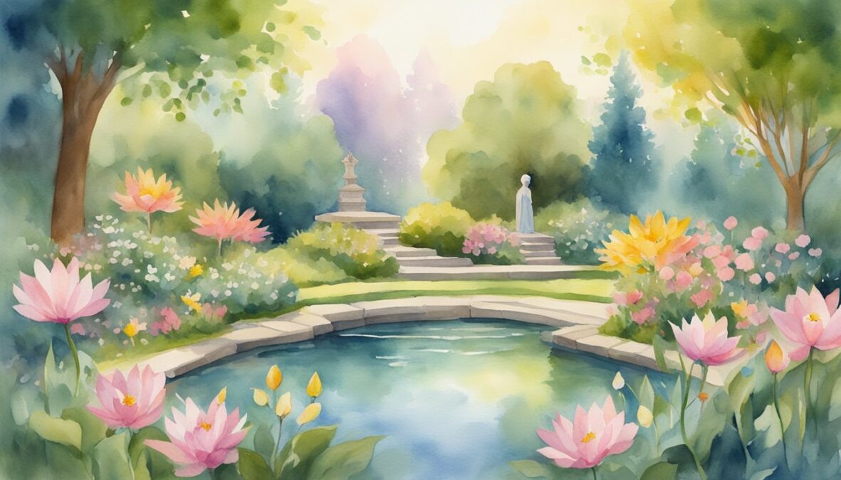 A serene garden with blooming flowers, a peaceful pond, and a radiant sun shining down, surrounded by symbols of spirituality and personal growth