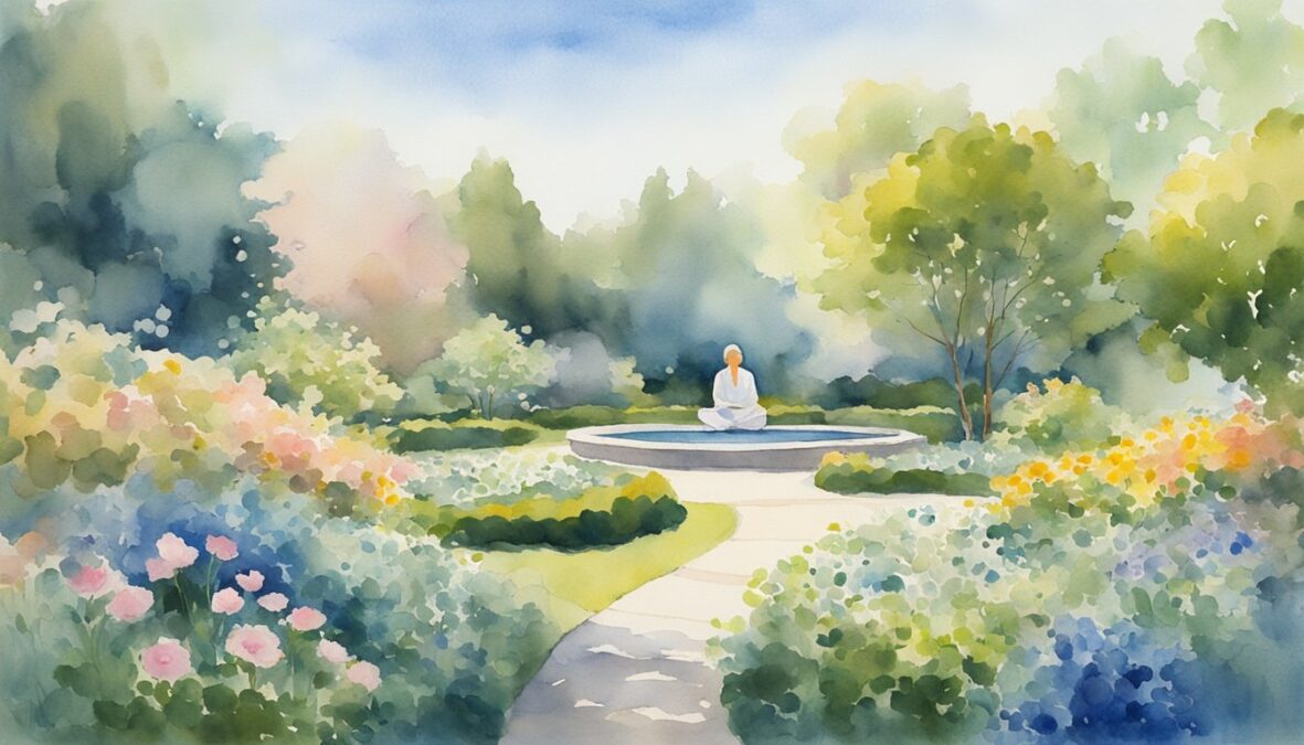 A serene garden with blooming flowers, a clear blue sky, and a radiant sun shining down, while a figure meditates in the center