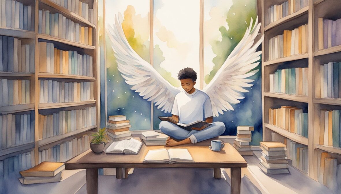 The 218 218 angel number influences a person studying, working, and meditating, surrounded by books, a laptop, and a calm, serene environment
