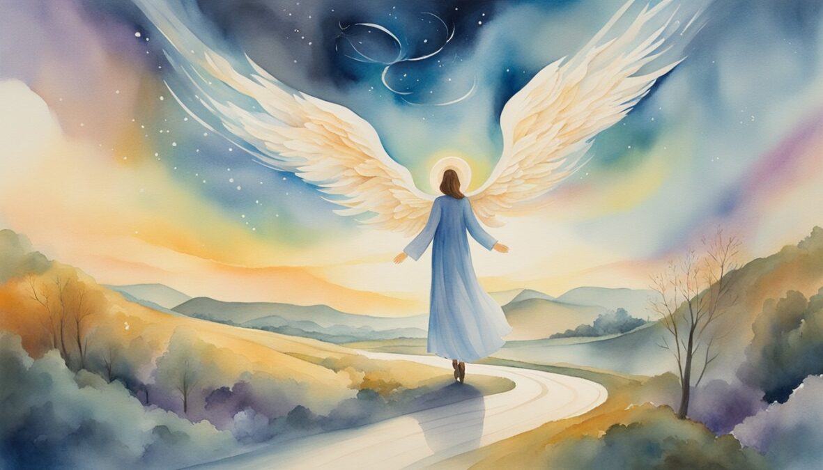 A figure stands at a crossroads, surrounded by swirling winds and shifting paths.</p></noscript><p>The number 218 glows in the sky, while an angel hovers nearby, guiding the figure through life changes
