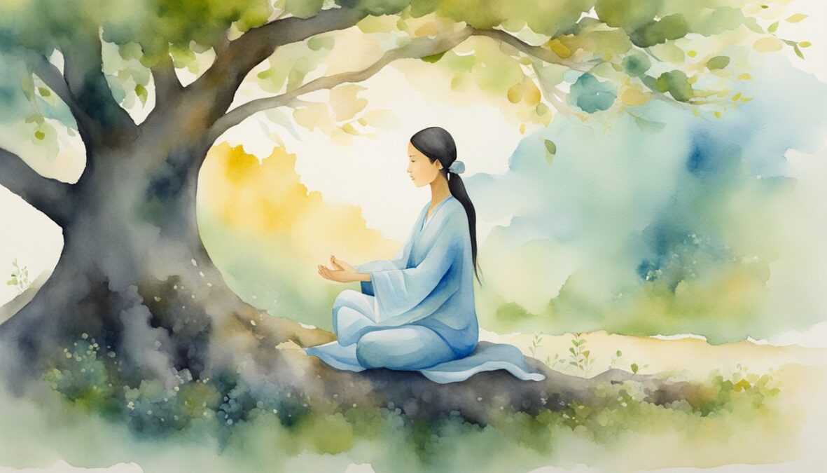 A serene figure meditates under a tree, surrounded by symbols of balance and harmony, while a gentle breeze carries whispers of guidance