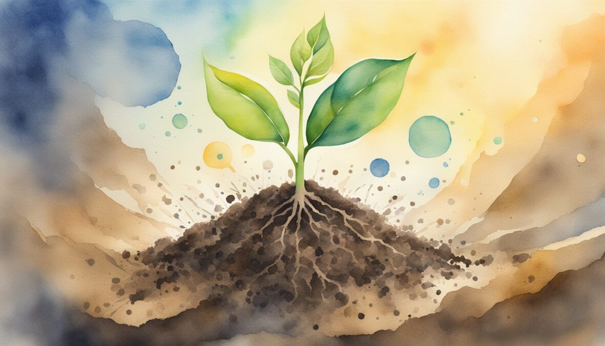 A seedling bursting through the soil, reaching towards the sunlight, surrounded by symbols of growth and potential